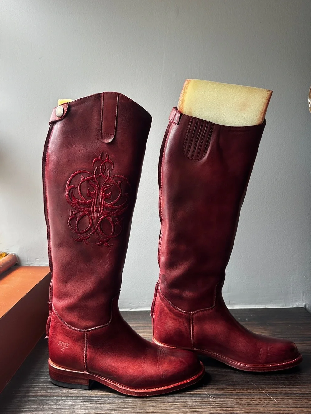 Frye Knee-High Leather Riding Boots in Deep Red